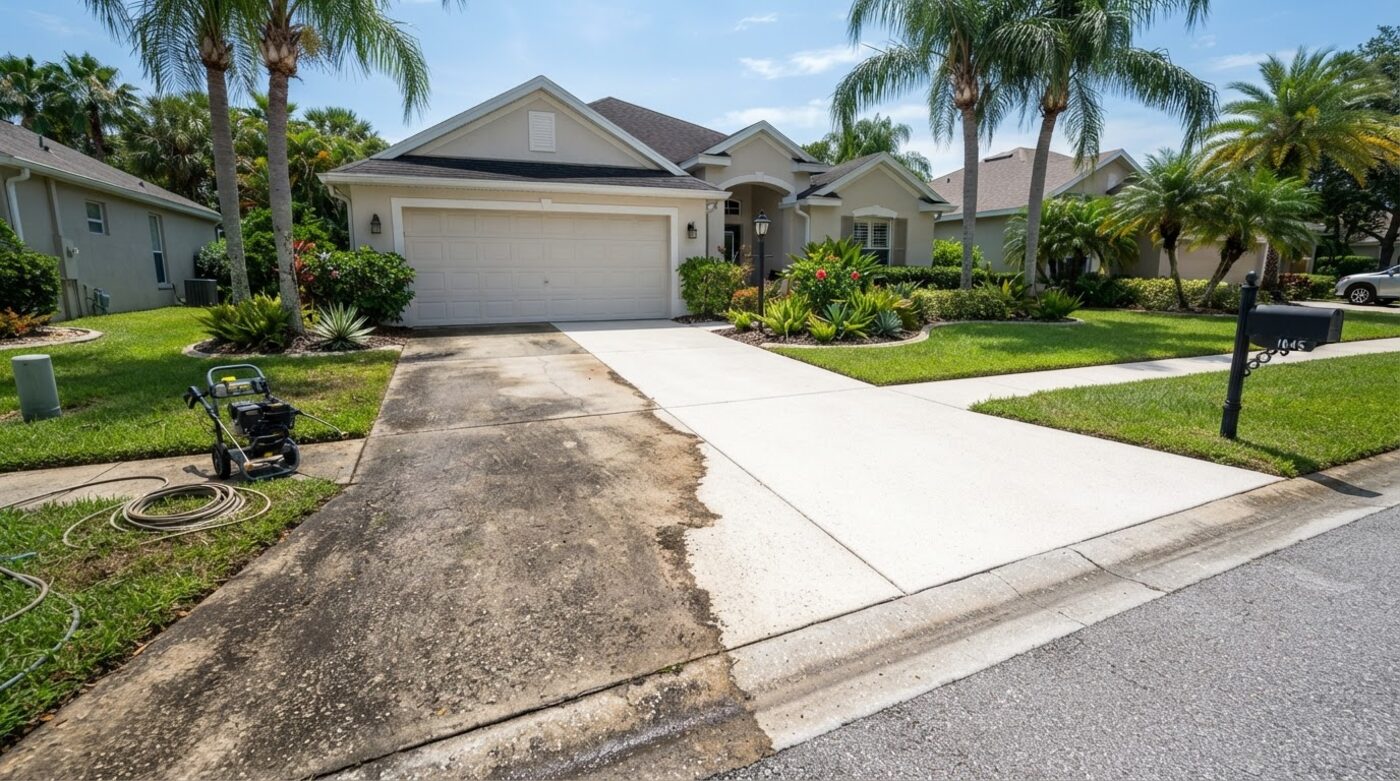 Florida driveway pressure washing — dirty concrete transformed to clean in one pass