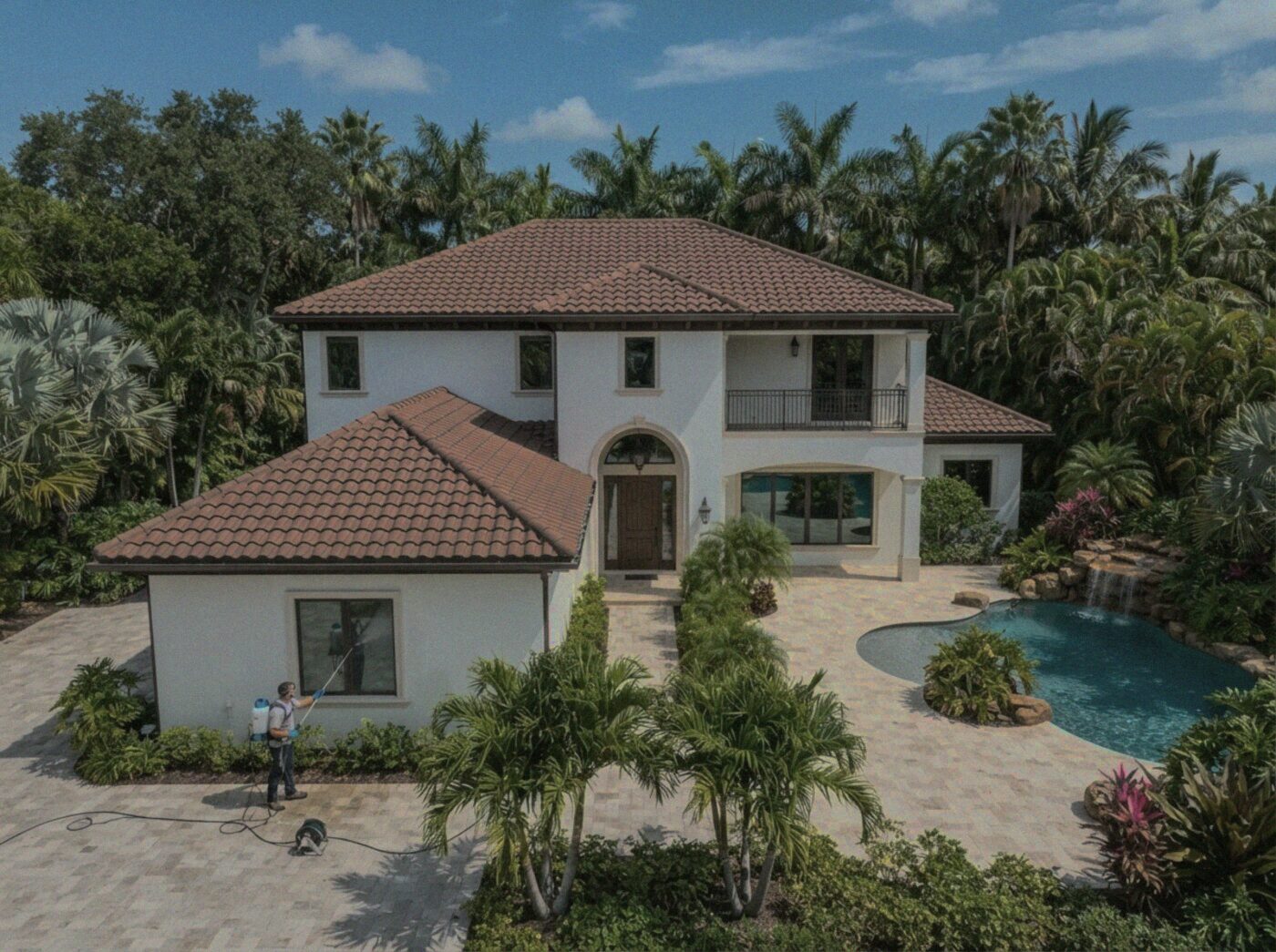 Before — algae-stained Florida roof and paver deck